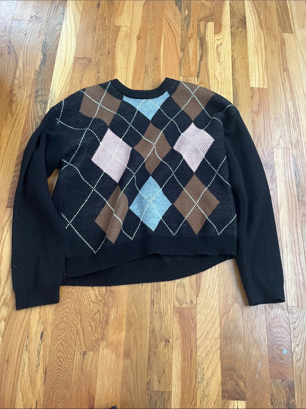 Urban Outfitters Black Argyle Crewneck Sweater with Brown, Pink & Blue Diamonds